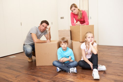 Business removals equipment and packed office items ready for relocation